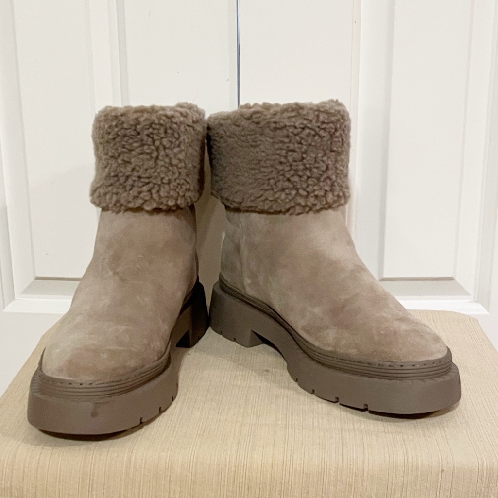 Marc Fisher Taupe Suede Shearling Cuff Ankle Boots